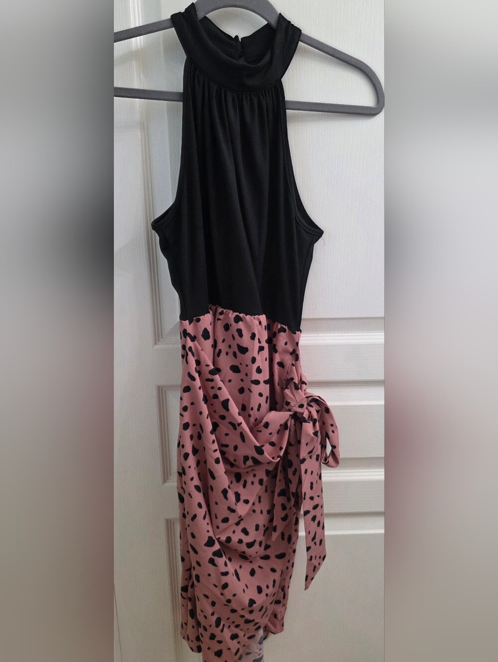 SHEIN Black and Dusty Pink Animal Print Halter Midi Dress